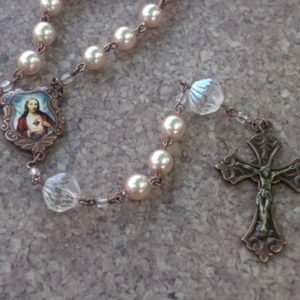 Ballerina Glass 6mm Pearl and Antiqued Copper Rosary