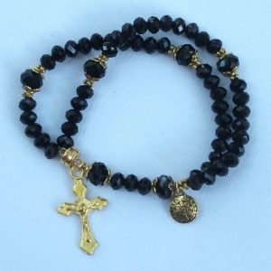 Black Crystal Wrist Rosary Five Decade with Gold