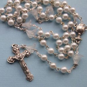 First Communion Rosary "purity" White Glass Pearls with Lucite Lilies