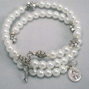 White Glass Pearl Coil Five Decade Rosary Bracelet First Communion