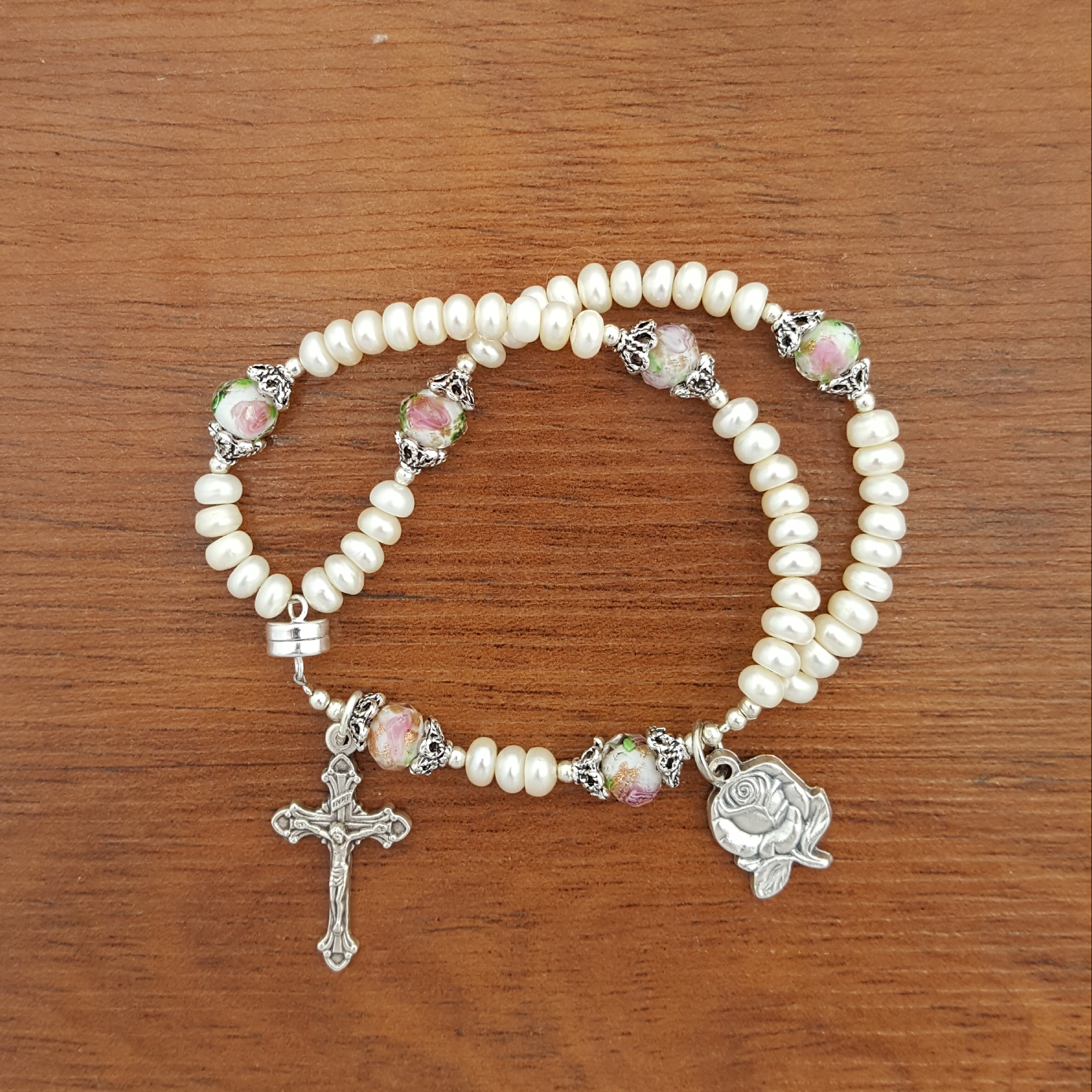 Pearl & Roses Wrist Rosary