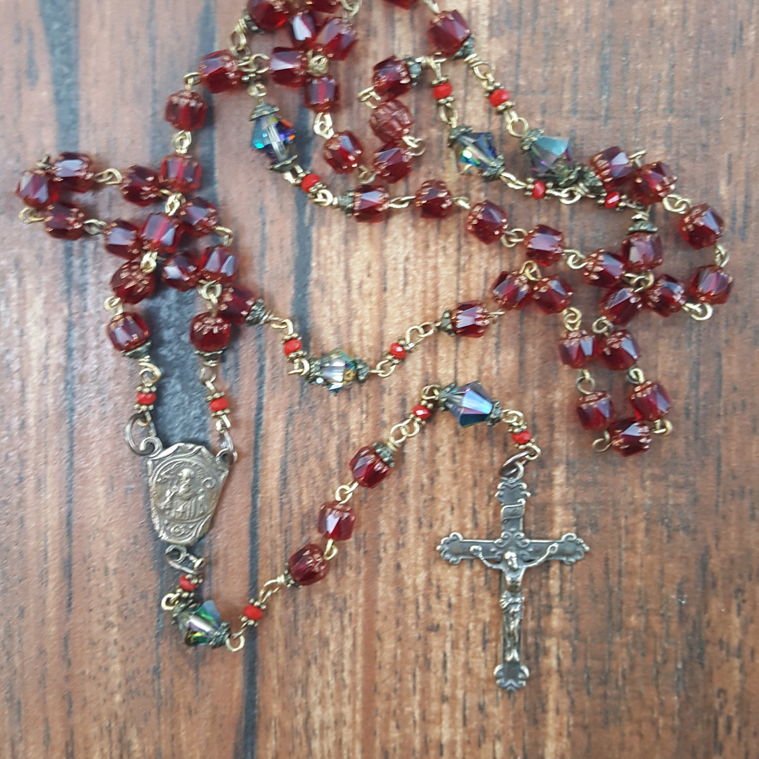 Vintage Style Cathedral Glass and Bronze Rosary with Swarovski Crystals