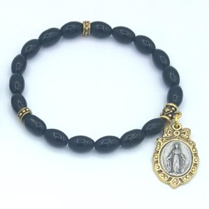 Black Onyx Stretch Bracelet with two Tone Our Lady of Grace