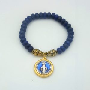 lapis stretch bracelet with Miraculous Medal Blue enamel