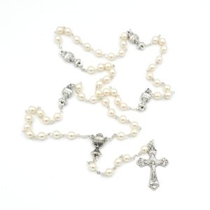 6mm white glass pearl First Communion rosary with chalice Our Fathers