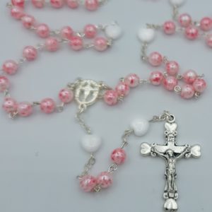 Pink glass Pearl First Communion Rosary with Hearts